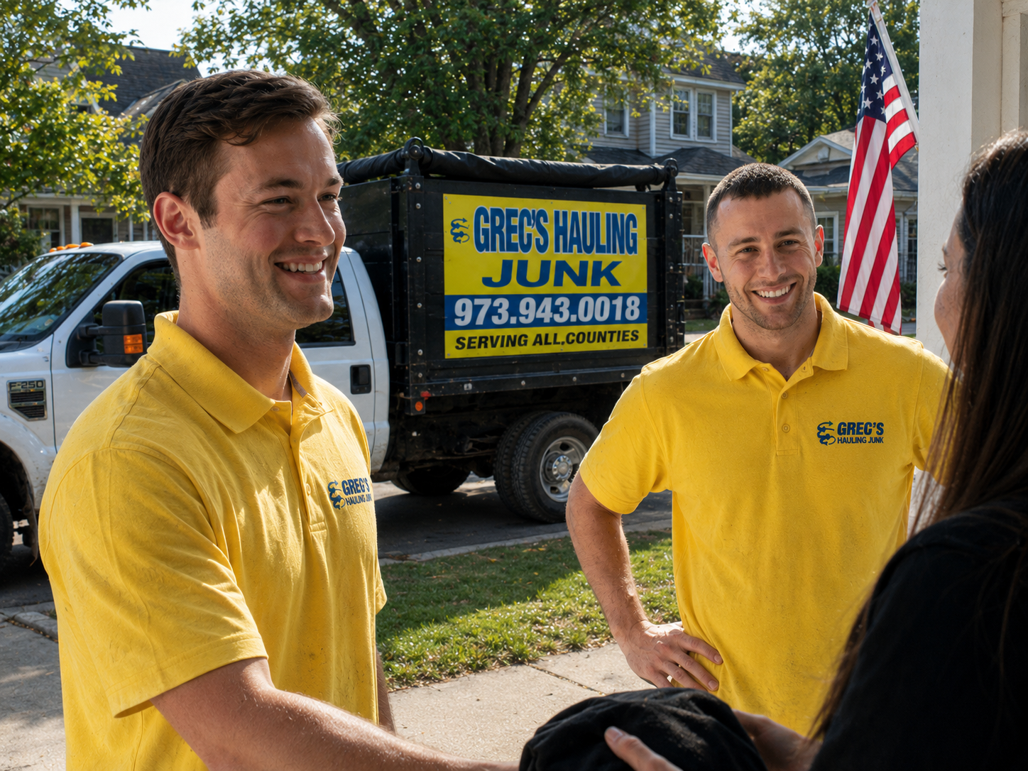 Greg's Hauling Junk truck and crew working in Maplewood, NJ