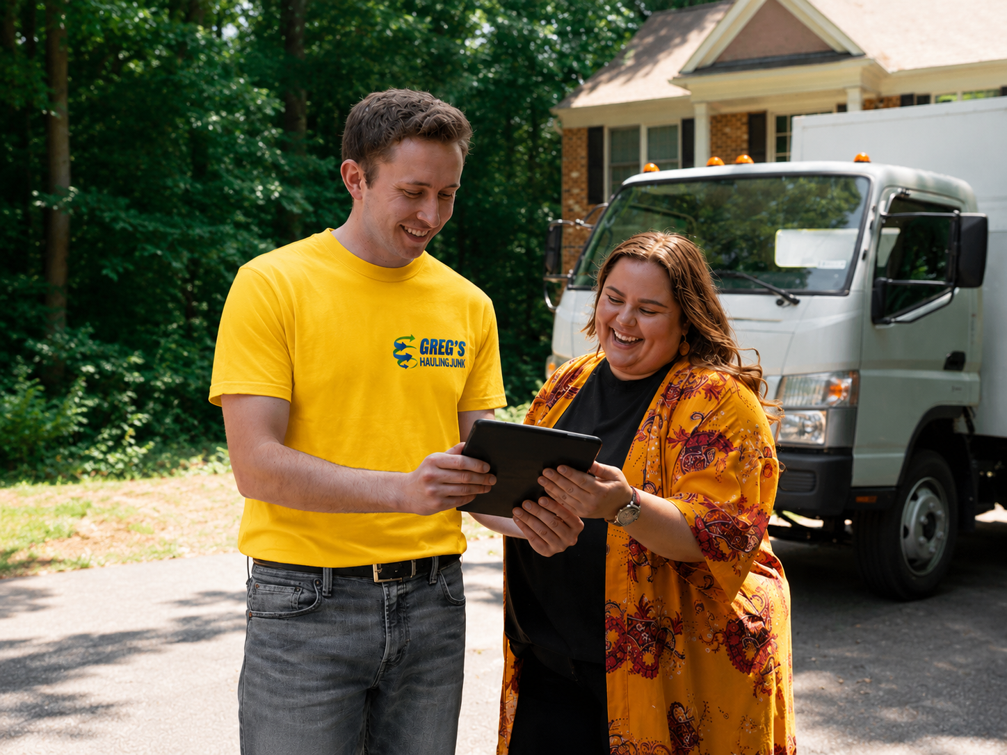 A Greg's Hauling Junk crew member reviewing a free estimate with a homeowner in front of the truck