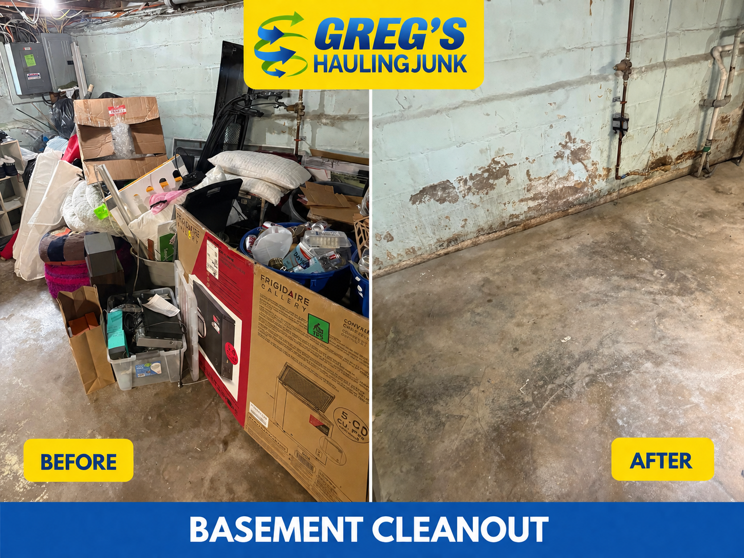 Before and after a basement cleanout in New Jersey by Greg's Hauling Junk — boxes, appliances and stored clutter hauled away